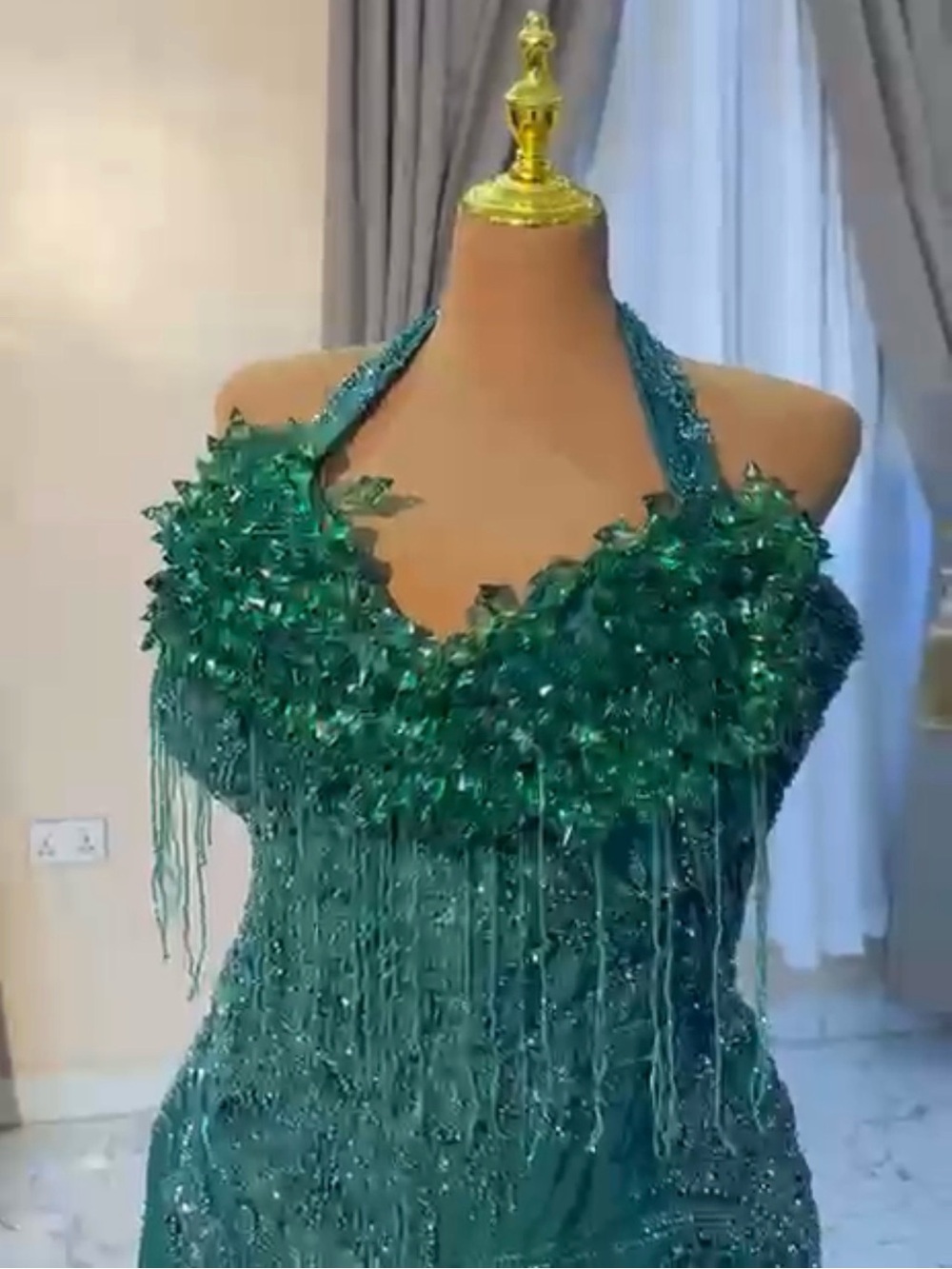 Emerald Green Halter Prom Dress with Beaded Fringe